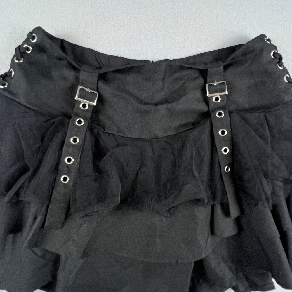 Hot Topic Mini Skirt Womens MD Black Tiered Goth Punk Mesh Buckle Lace Up Emo - Picture 2 of 11